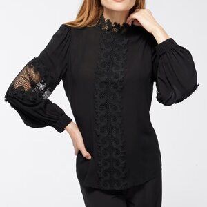 Chico’s Black Label lovely black lace trim high neck bell sleeve tunic, sz 16
